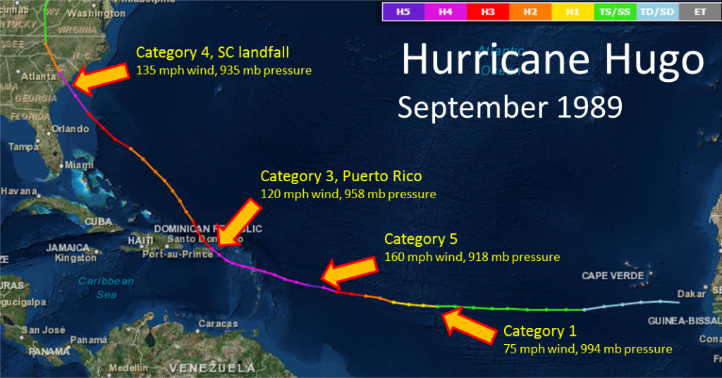 Hurricane Hugo''s Track in 1989 from Weather.gov