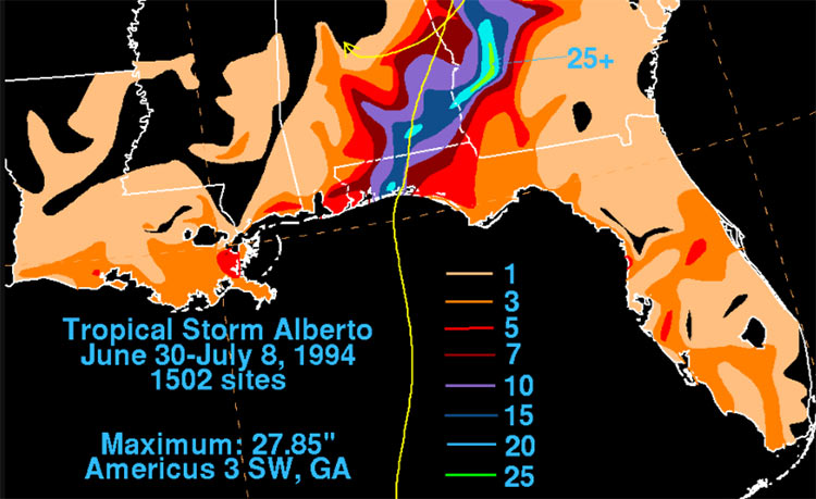The Great Flood of '94 caused by cloud-bursts from Tropical Storm Alberto