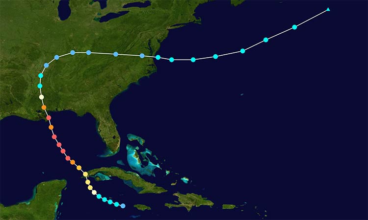 Hurricane Camille's storm track in 1969