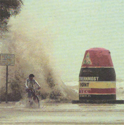 The Southernmost Point Buoy in Key Wrest, FL during Hurricane Georges, near Duval Street